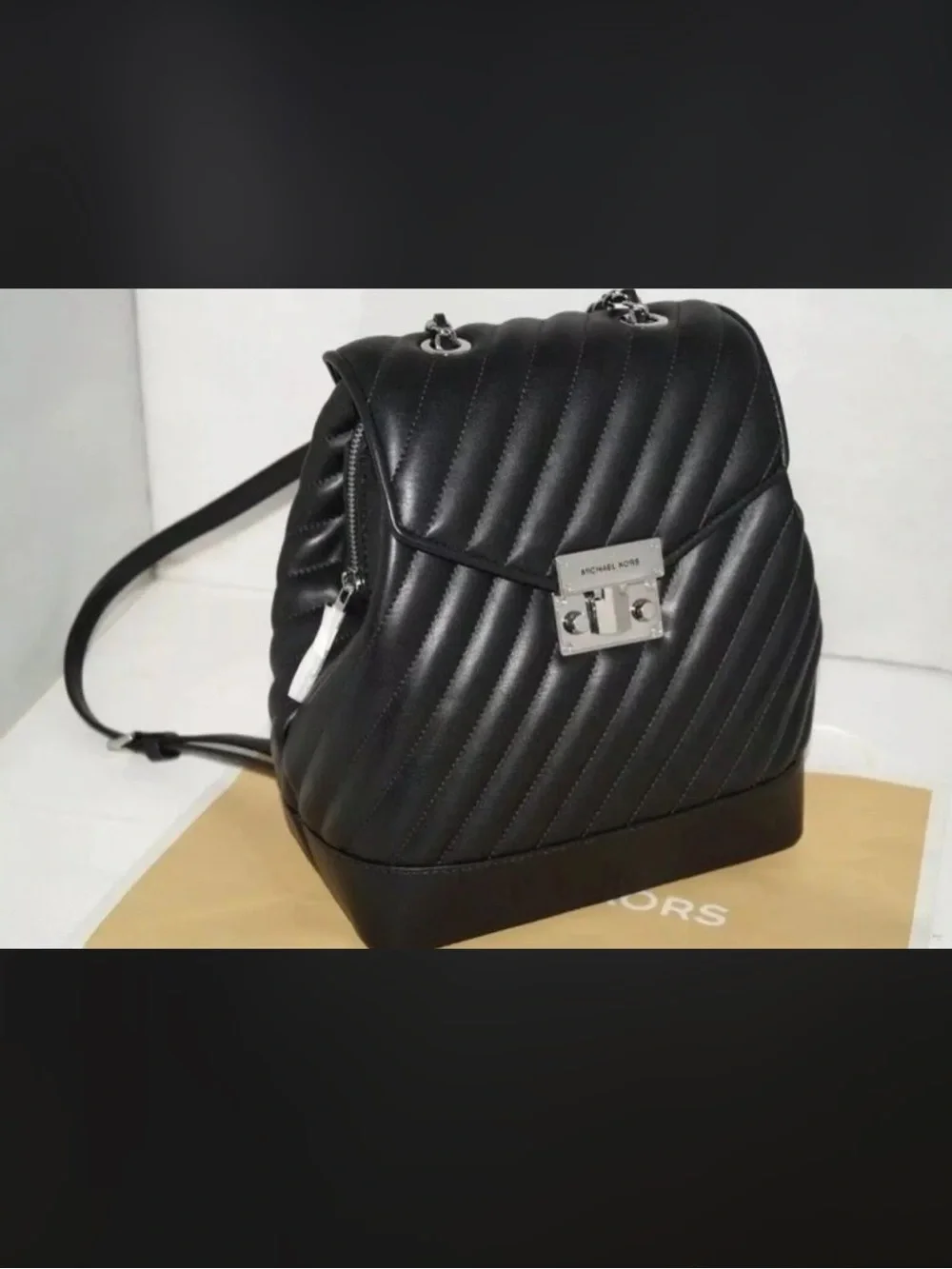 Michael Kors Rose Black Quilted Leather Chain Backpack Medium size